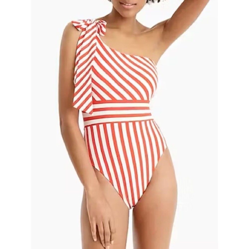 J. Crew Red White Stripe One Shoulder Swimsuit Size 8 Bow Tie One Piece Nautical